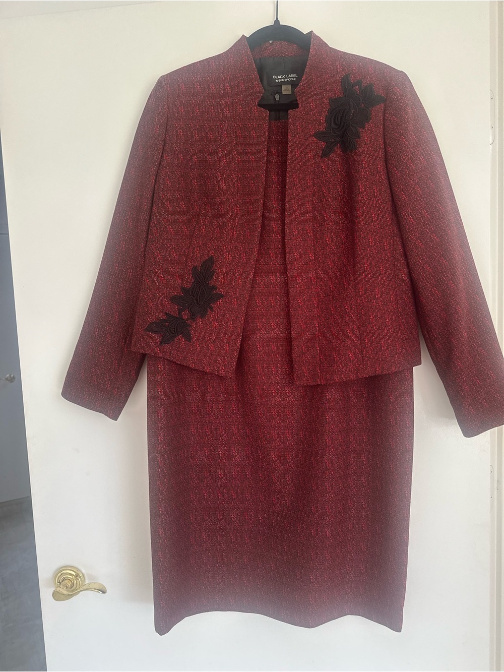 Black Label by Evan-Picone Red Tweed Dress with Black Appliqué